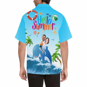 Hello Summer Funny Couple Riding Dolphin Custom Photo Hawaiian Shirt, Hawaiian Shirt Gift, Christmas Gift