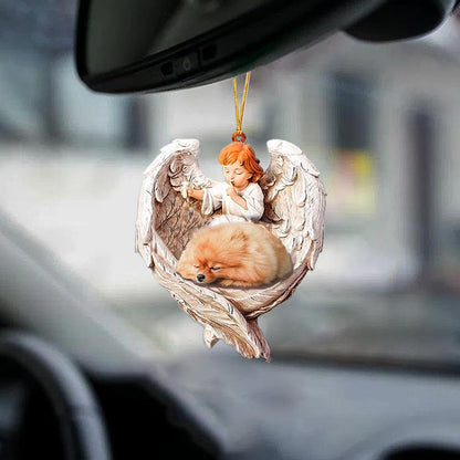 Sleeping Pomeranian Protected By Angel Acrylic Hanging Ornament For Car Home ,Christmas Gift,Christmas Decoration
