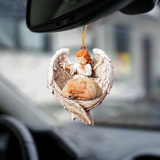 Sleeping Pomeranian Protected By Angel Acrylic Hanging Ornament For Car Home ,Christmas Gift,Christmas Decoration
