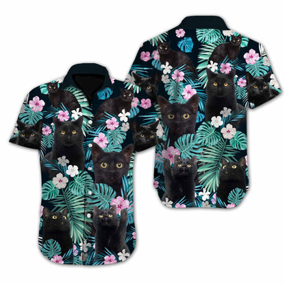 Black Cat Halloween Pattern Illustration Hawaiian Shirt, Hawaiian For Gift