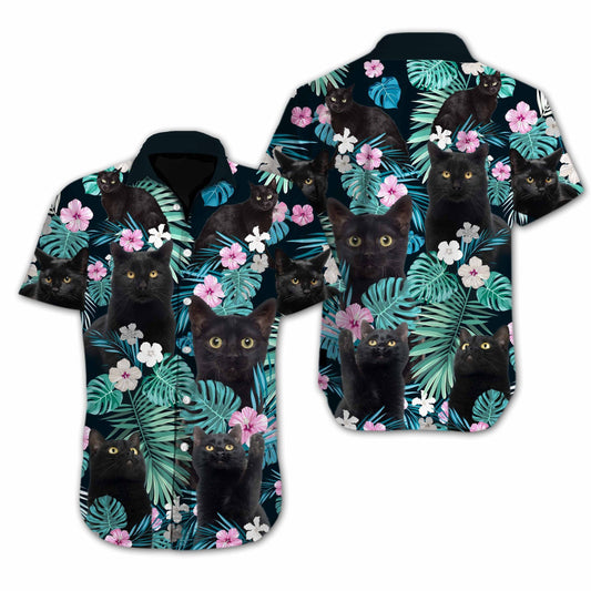 Black Cat Halloween Pattern Illustration Hawaiian Shirt, Hawaiian For Gift