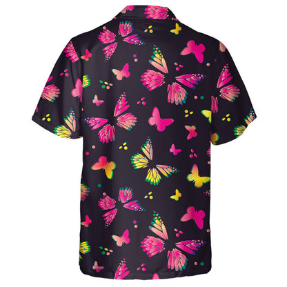 Colorful Yellow And Pink Butterflies On Black Hawaiian Shirt, Hawaiian Shirt Gift, Christmas Gift