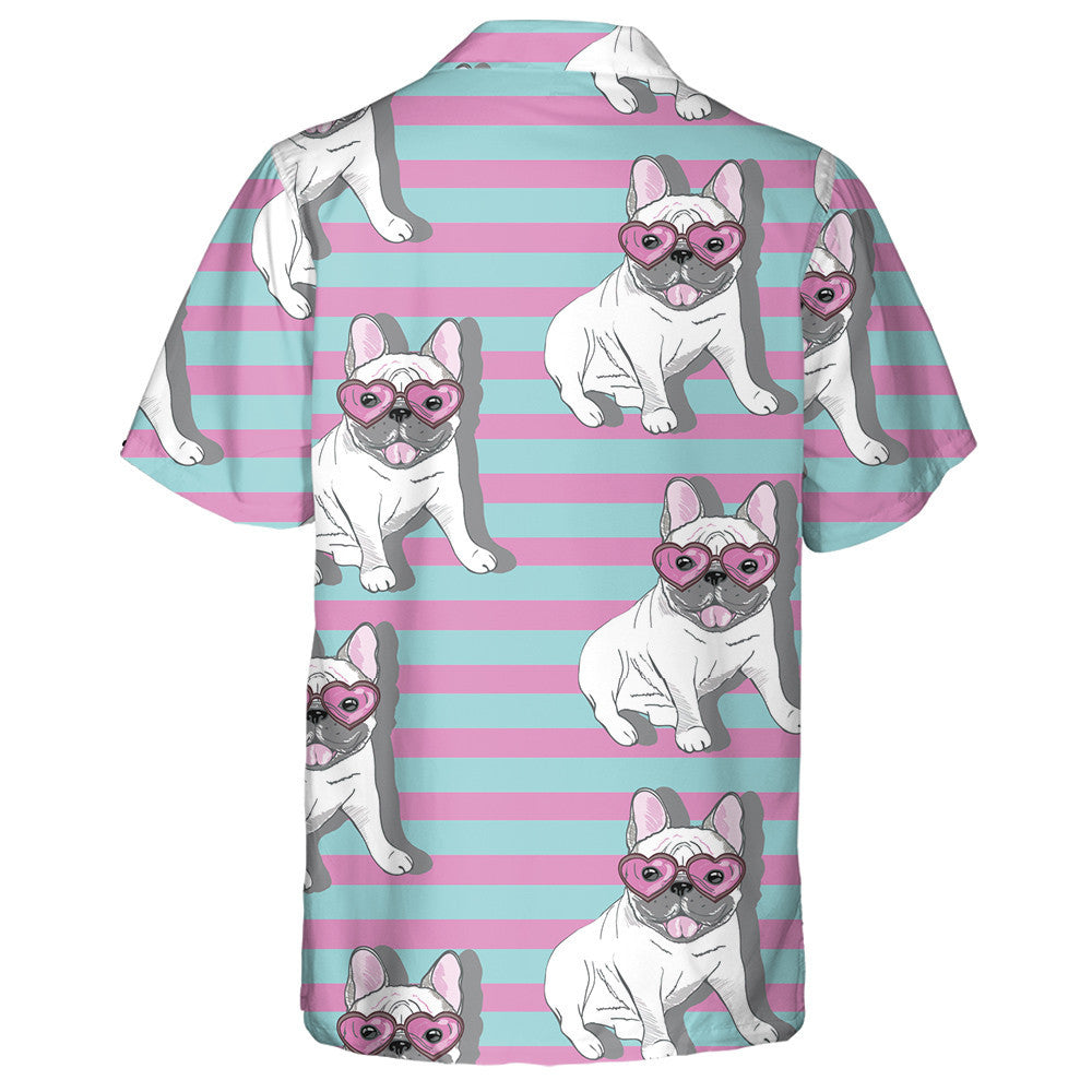 Bulldog And Sunglasses Heart On Striped Background Hawaiian Shirt, Hawaiian Shirt Gift, Christmas Gift