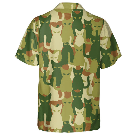 Happy Cat Silhouette Green Camo Military Pattern Hawaiian Shirt, Hawaiian Shirt Gift, Christmas Gift