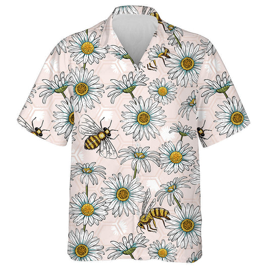Natural Summer Daisies And Bees On Hexagon Hawaiian Shirt, Hawaiian Shirt Gift, Christmas Gift