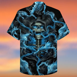 Skull Electric Blue Nice Ornamental Hawaiian Shirt,Hawaiian Shirt Gift, Christmas Gift