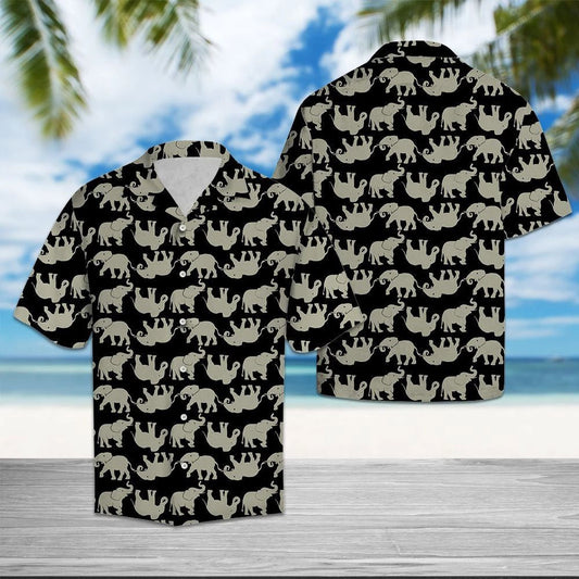 Cartoon Elephant Black And White Line Pattern Hawaiian Shirt, Hawaiian Shirt Gift, Christmas Gift