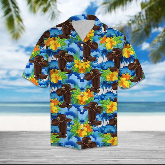 Cowboy Boots And Hat In Tropical Forest Hawaiian Shirt, Hawaiian Shirt Gift, Christmas Gift