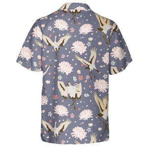 Flying Bird Storks And Beautiful Chrysanthemum Hawaiian Shirt,Hawaiian Shirt Gift, Christmas Gift