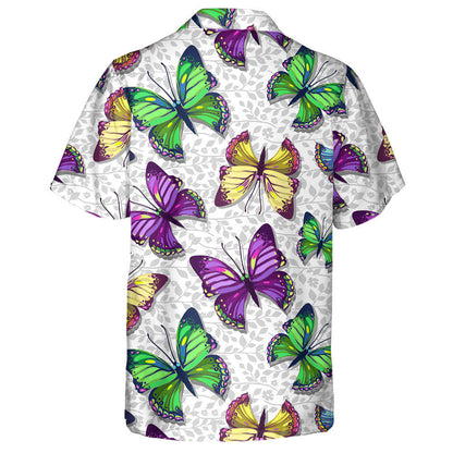 Hand Drawn Colorful Butterflies On White Hawaiian Shirt, Hawaiian For Gift