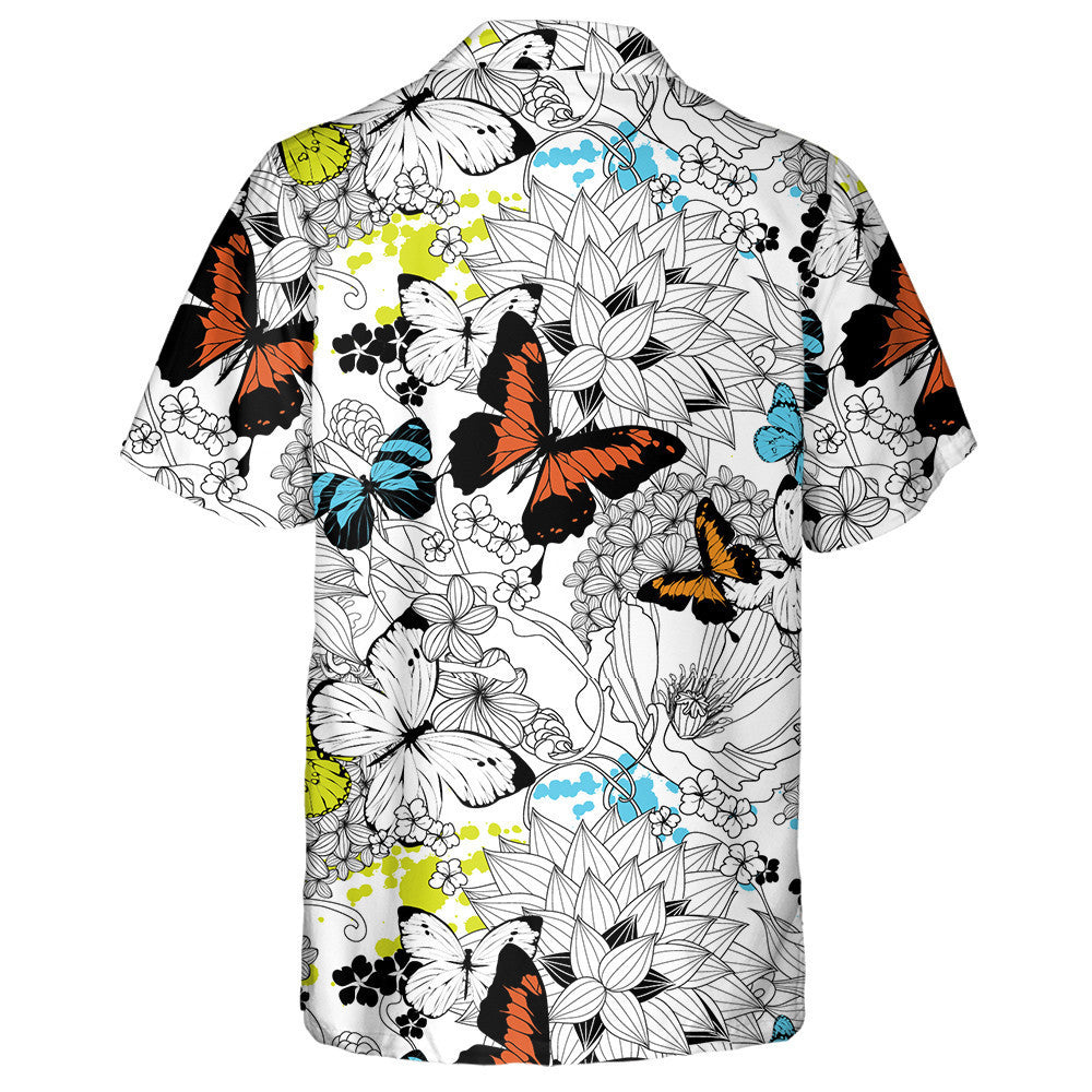 Black And White Flowers And Colorful Butterflies Hawaiian Shirt, Hawaiian Shirt Gift, Christmas Gift