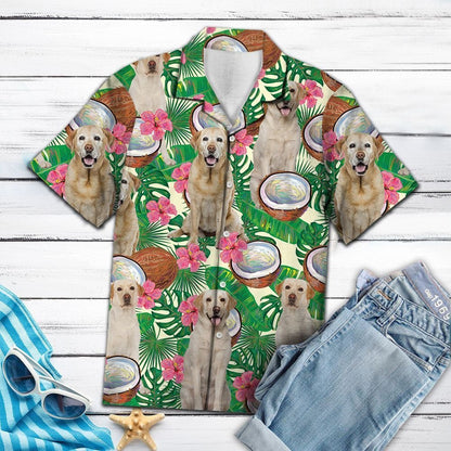 Cute And Playful Labrador Retriever With Tropical Coconut Pattern Hawaiian Shirt, Hawaiian Shirt Gift, Christmas Gift