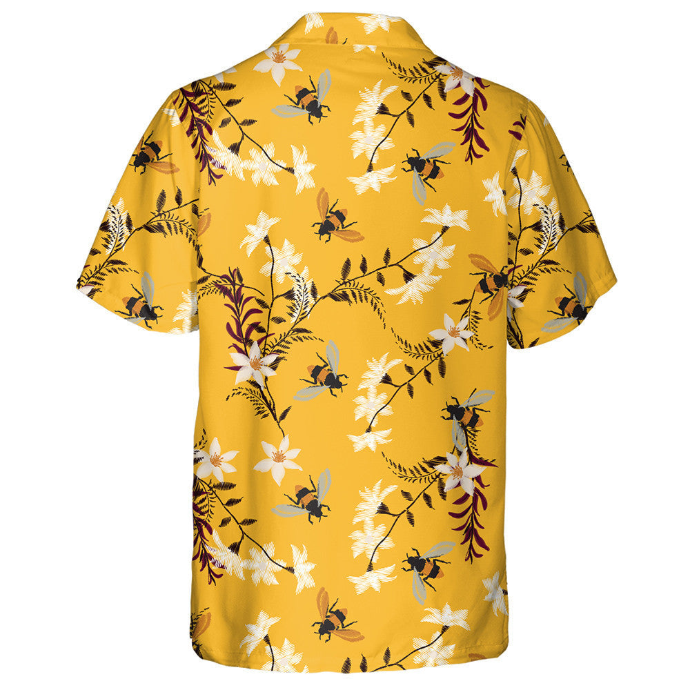 Bee And Flower Embroidery On Vintage Yellow Hawaiian Shirt, Hawaiian Shirt Gift, Christmas Gift