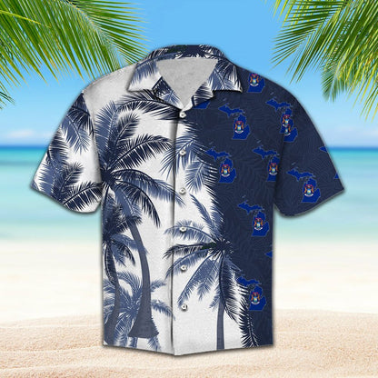 Michigan Flag With Palm Tree Design Hawaiian Shirt,Hawaiian Shirt Gift, Christmas Gift