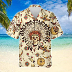 Wheat Color Native American Indian Chief Skull Hawaiian Shirt, Hawaiian Shirt Gift, Christmas Gift