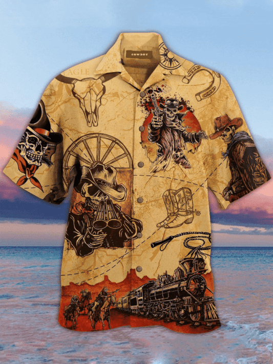 Cowboy Skull Combo Cream Pattern Hawaiian Shirt,Hawaiian Shirt Gift, Christmas Gift