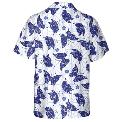 Hand Drawn Japanese Butterfly And Purple Flora Hawaiian Shirt, Hawaiian Shirt Gift, Christmas Gift