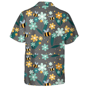 Flowers And Bees On Gray Background Hawaiian Shirt,Hawaiian Shirt Gift, Christmas Gift