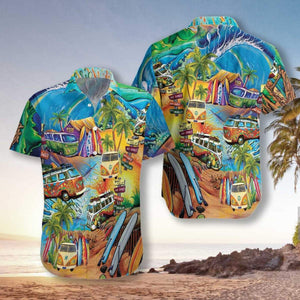 Hippie Bus Tropical Background Design Hawaiian Shirt, Hawaiian For Gift