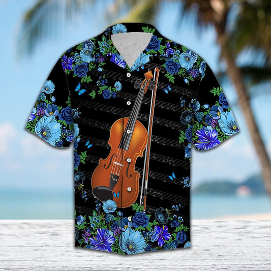 Watercolor Vivid Blue Flower And Violin Pattern Hawaiian Shirt, Hawaiian Shirt Gift, Christmas Gift