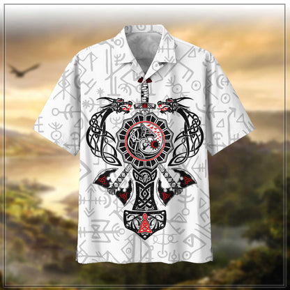 Viking Dragon On White Background Pattern Hawaiian Shirt, Hwaiian For Gift