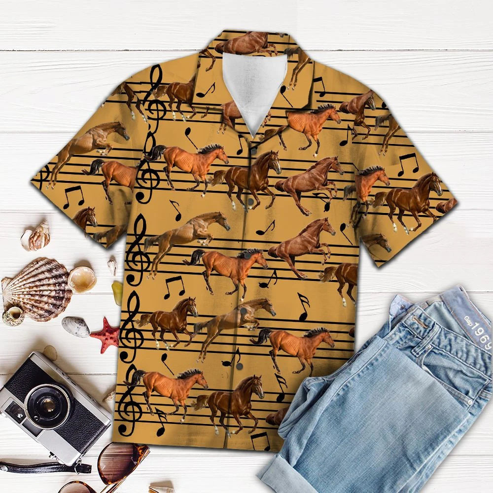 Vintage Brown Horse Love Music Notes Pattern Hawaiian Shirt, Hawaiian Shirt Gift, Christmas Gift