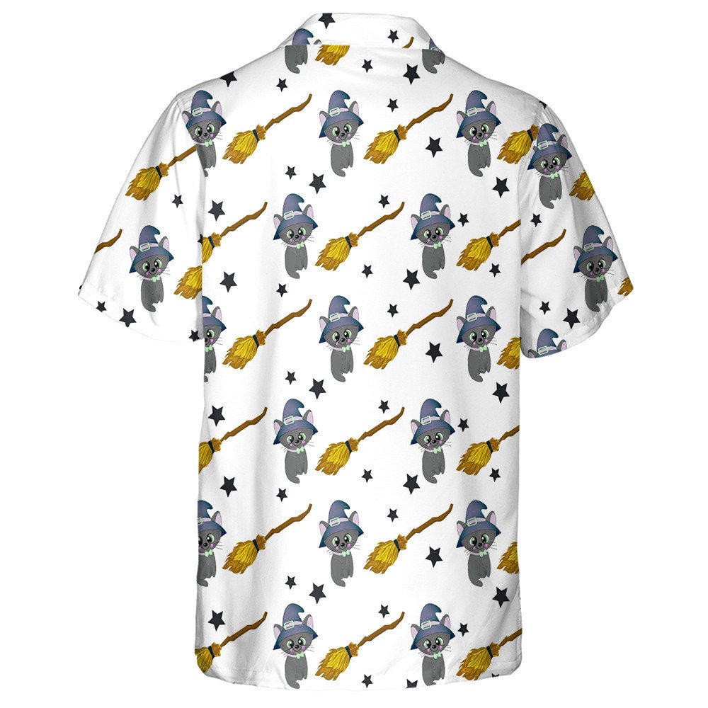 Black Cat With Broom For Flying Magic Items Hawaiian Shirt, Hawaiian Shirt Gift, Christmas Gift