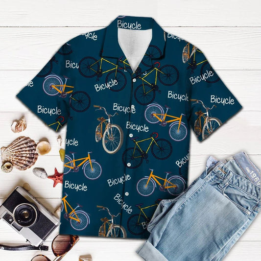 Hawaiian Shirt Orange And Yellow Bicycle In Navy, Hawaiian For Gift
