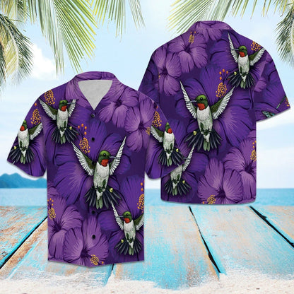 Hawaiian Shirt Blossom Purple Hibiscus With Hummingbird, Hawaiian For Gift
