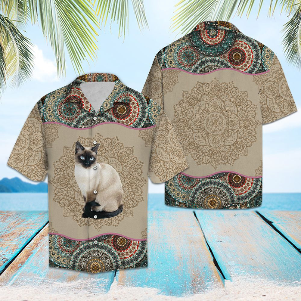 Cool Siamese Cat Mandala Flower Patchwork Pattern Hawaiian Shirt, Hawaiian Shirt Gift, Christmas Gift