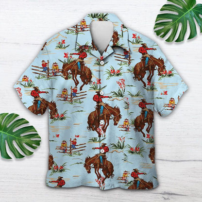 Awesome Cowboy Hiking On Blue Background Pattern Hawaiian Shirt, Hawaiian Shirt Gift, Christmas Gift