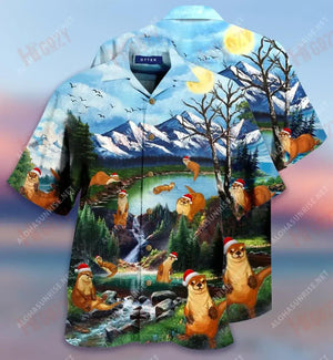 Merry Christmas From Otter Side Short Hawaiian Shirt Summer Hawaiian T Shirts Tactical Hawaiian Shirt Hawaiian Shirt Pattern, Hawaiian Shirt Gift, Christmas Gift