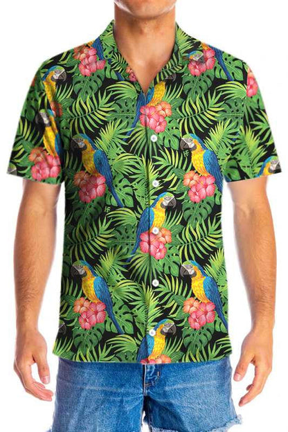 Parrots Séasúr an Earraigh Hibiscus Agus Duilleoga Pailme Léine Haváís, Bronntanas Léine Haváís, Bronntanas Nollag