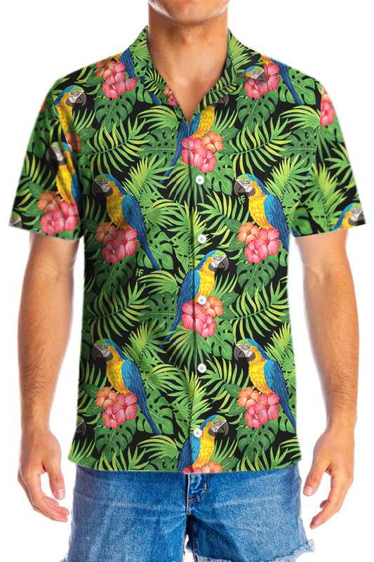 Parrots Séasúr an Earraigh Hibiscus Agus Duilleoga Pailme Léine Haváís, Bronntanas Léine Haváís, Bronntanas Nollag