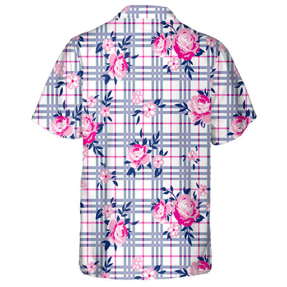 Bouquet Roses Agus Nóiníní Beaga ar Chúlra Seiceáilte Léine Haváí, Bronntanas Léine Haváí, Bronntanas Nollag