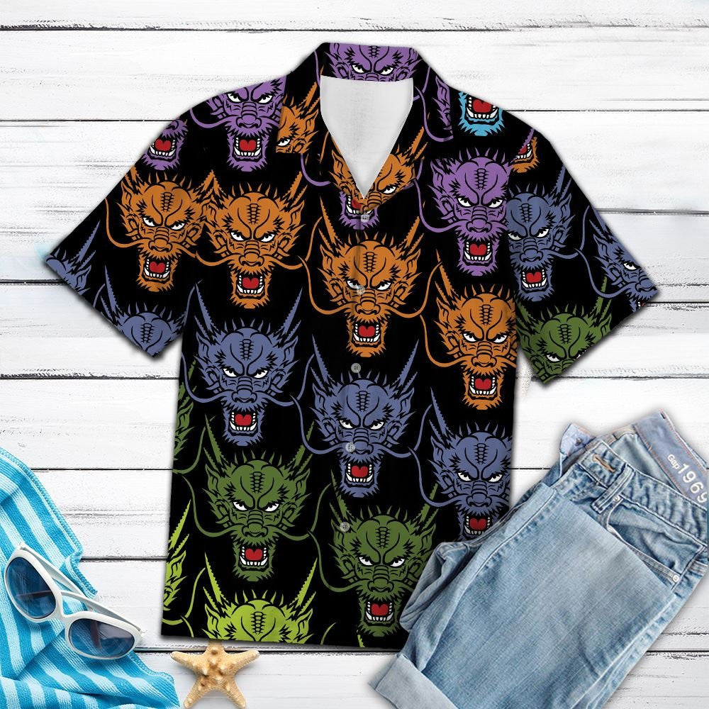 Colorful Dragon Faces In Black Hawaiian Shirt, Hawaiian For Gift