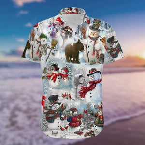 Cute Snowman And Bear Merry Christmas Vintage Style Design Hawaiian Shirt, Hawaiian Shirt Gift, Christmas Gift