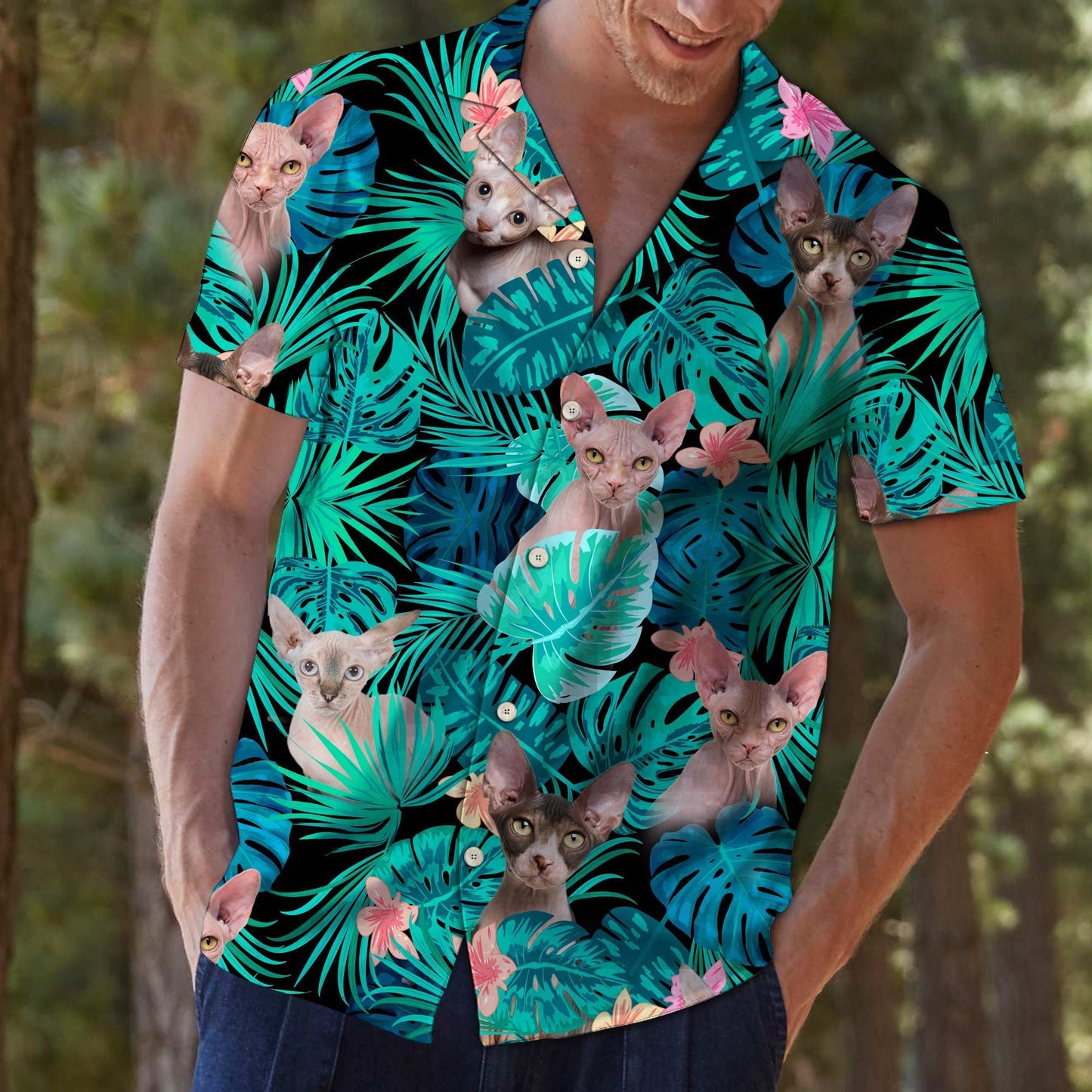 Lovely Sphynx Tropical Jungle Design Hawaiian Shirt,Hawaiian Shirt Gift, Christmas Gift