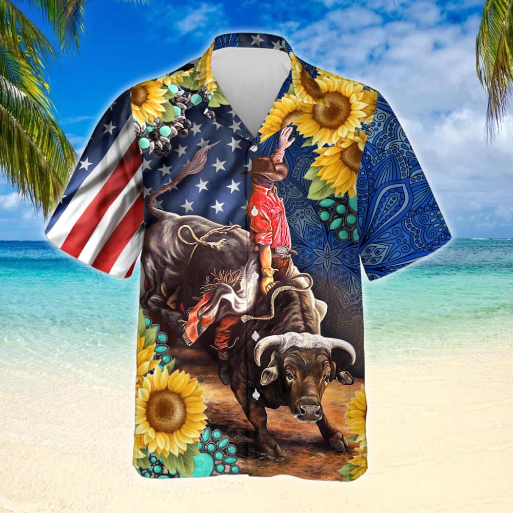 Bull Rodeo Sunflower Hawaiian Shirt,Hawaiian Shirt Gift, Christmas Gift