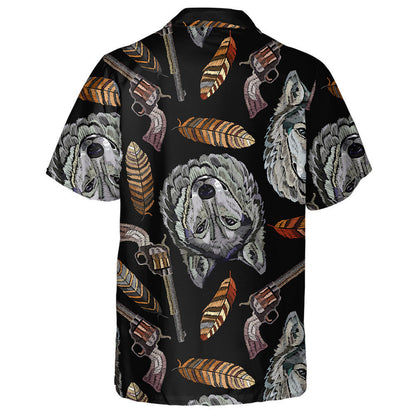 Embroidery Head Wolf Feathers And Guns Hawaiian Shirt,Hawaiian Shirt Gift, Christmas Gift