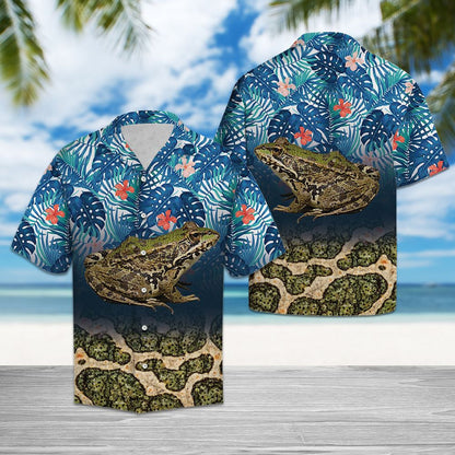 Deep Green Frog With Blue Monstera Leaves Hawaiian Shirt, Hawaiian Shirt Gift, Christmas Gift