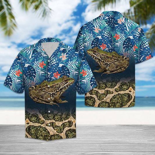 Deep Green Frog With Blue Monstera Leaves Hawaiian Shirt, Hawaiian Shirt Gift, Christmas Gift