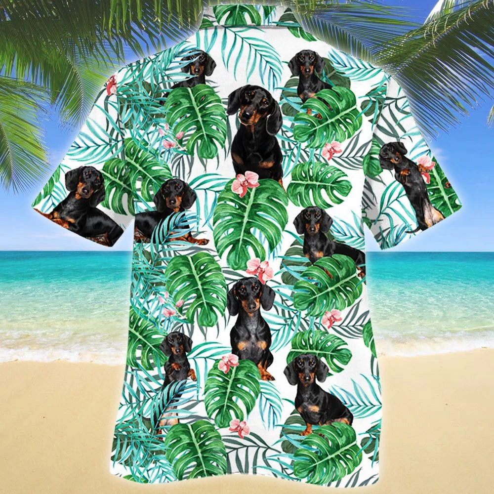 Dachshund Dog Tropical Plant White Theme Hawaiian Shirt, Hawaiian Shirt Gift, Christmas Gift