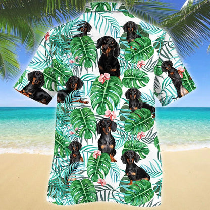 Dachshund Dog Tropical Plant White Theme Hawaiian Shirt, Hawaiian Shirt Gift, Christmas Gift