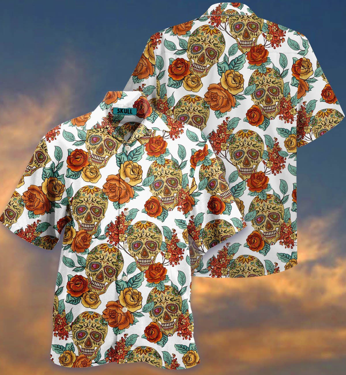 Watercolor Classic Skull Nice Ornamental Hawaiian Shirt, Hwaiian For Gift