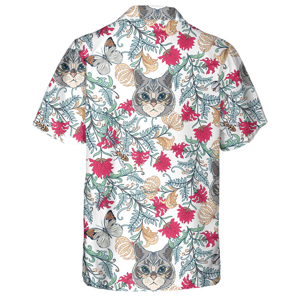 Vintage Style Flowers And Cats On White Hawaiian Shirt, Hawaiian Shirt Gift, Christmas Gift