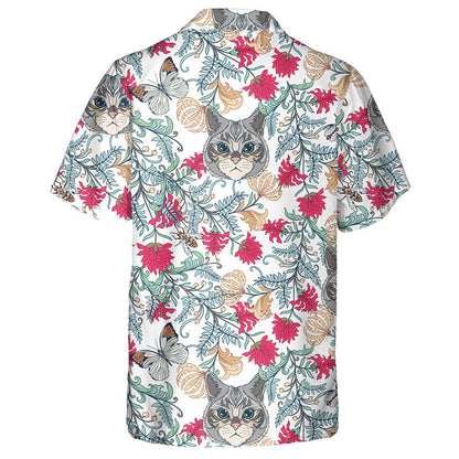 Vintage Style Flowers And Cats On White Hawaiian Shirt, Hawaiian Shirt Gift, Christmas Gift