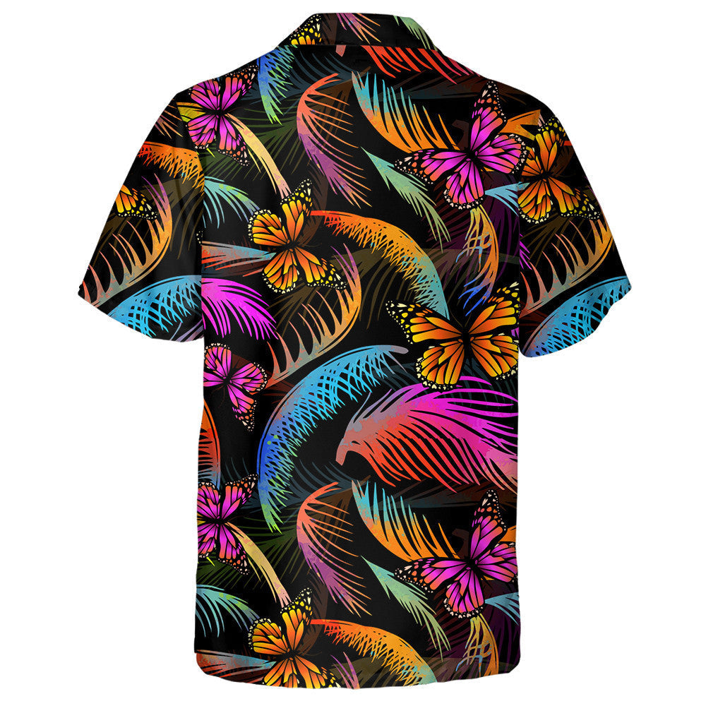 Spring Theme Multicolored Palm Leaves With Butterflies Hawaiian Shirt, Hawaiian Shirt Gift, Christmas Gift