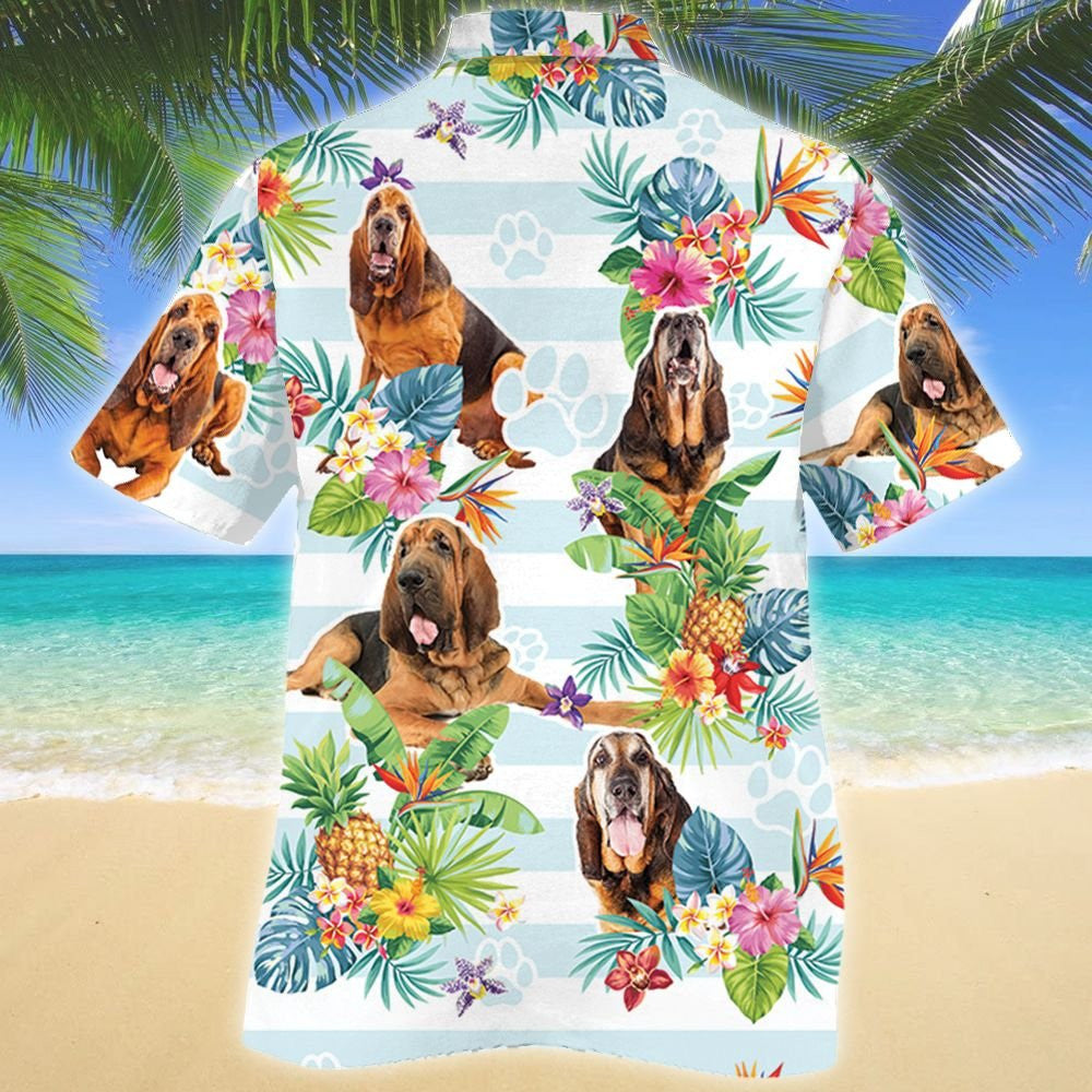 Blue Stripesd Bloodhound Dog Tropical Flower Hawaiian Shirt, Hawaiian Shirt Gift, Christmas Gift