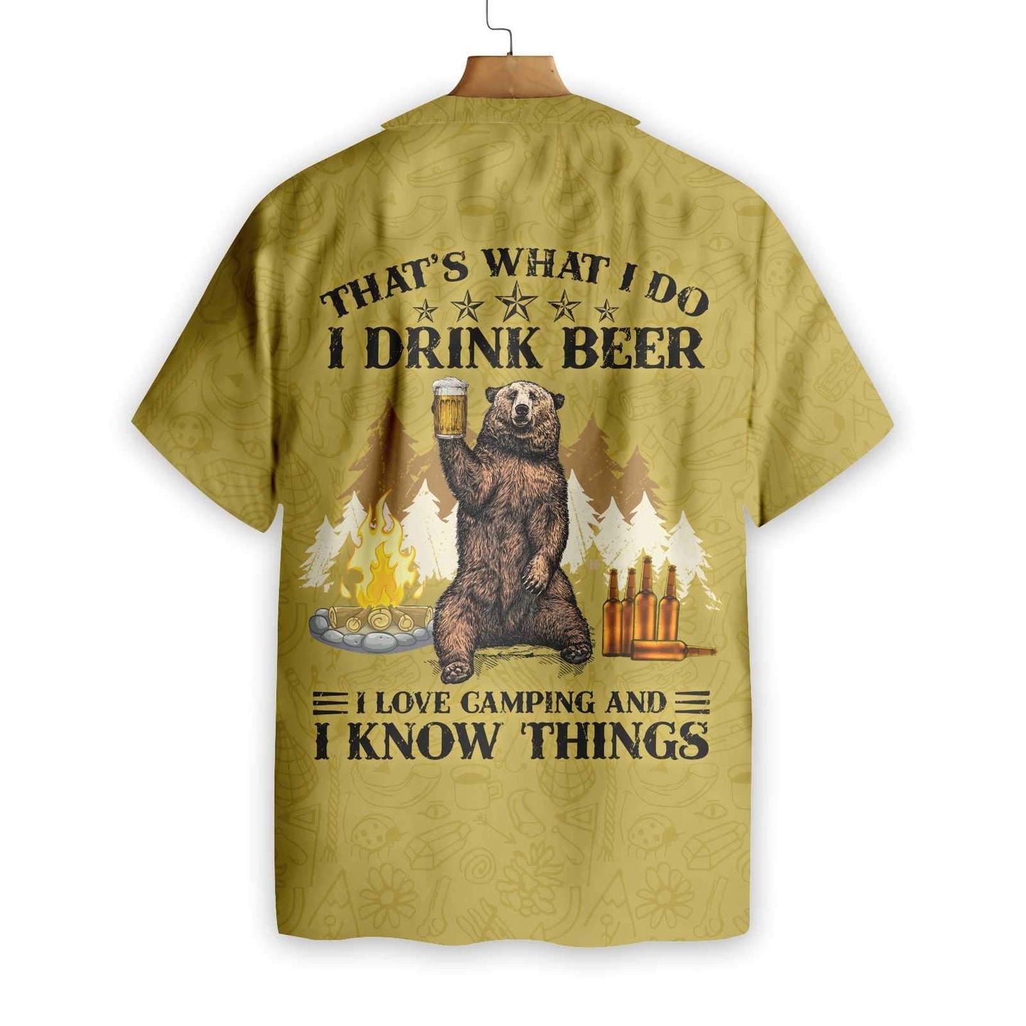 Dearadh Cúlra Olive Léine Haváís Camping Bear Béar Óil, Bronntanas Léine Haváís, Bronntanas Nollag